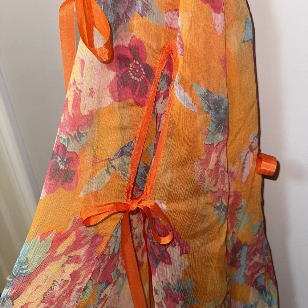JOHNNY WAS 100% Silk Maxi Dress Sz S Orange Floral Tiered Lined Boho Ribbon Slip - Picture 4 of 16